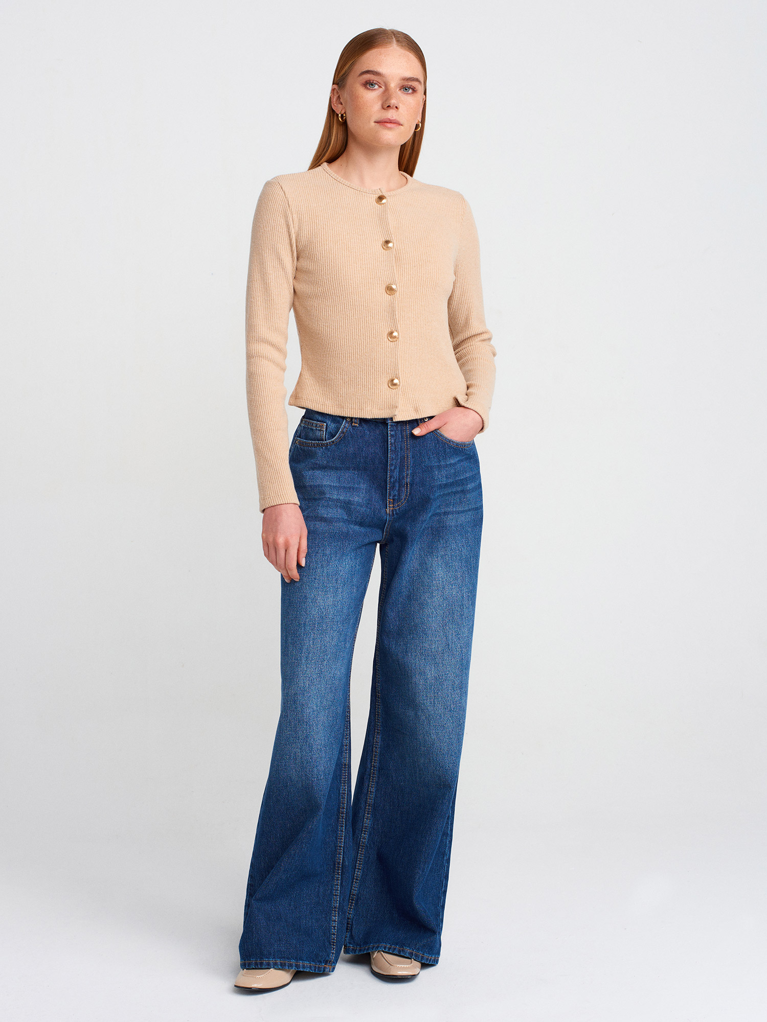 71784 %100 Pamuk Dökümlü Kumaş Geniş Denim Pantolon