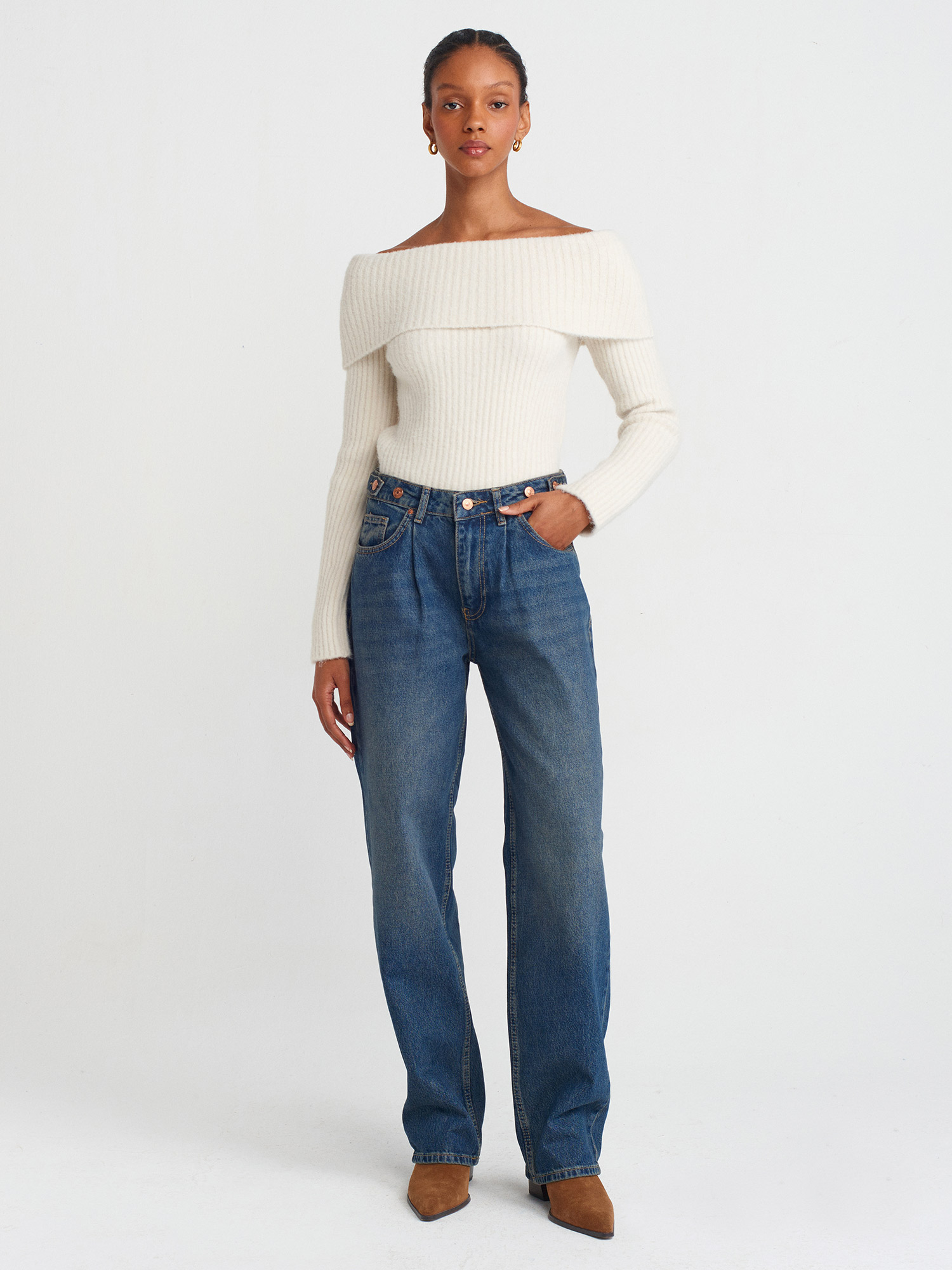 71761 %100 Pamuk Kemeri Apoletli Balon Denim Pantolon