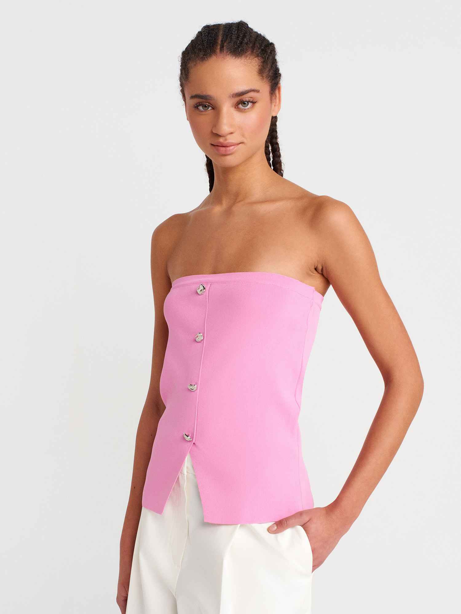 10739 Straplez Düğmeli Triko Top