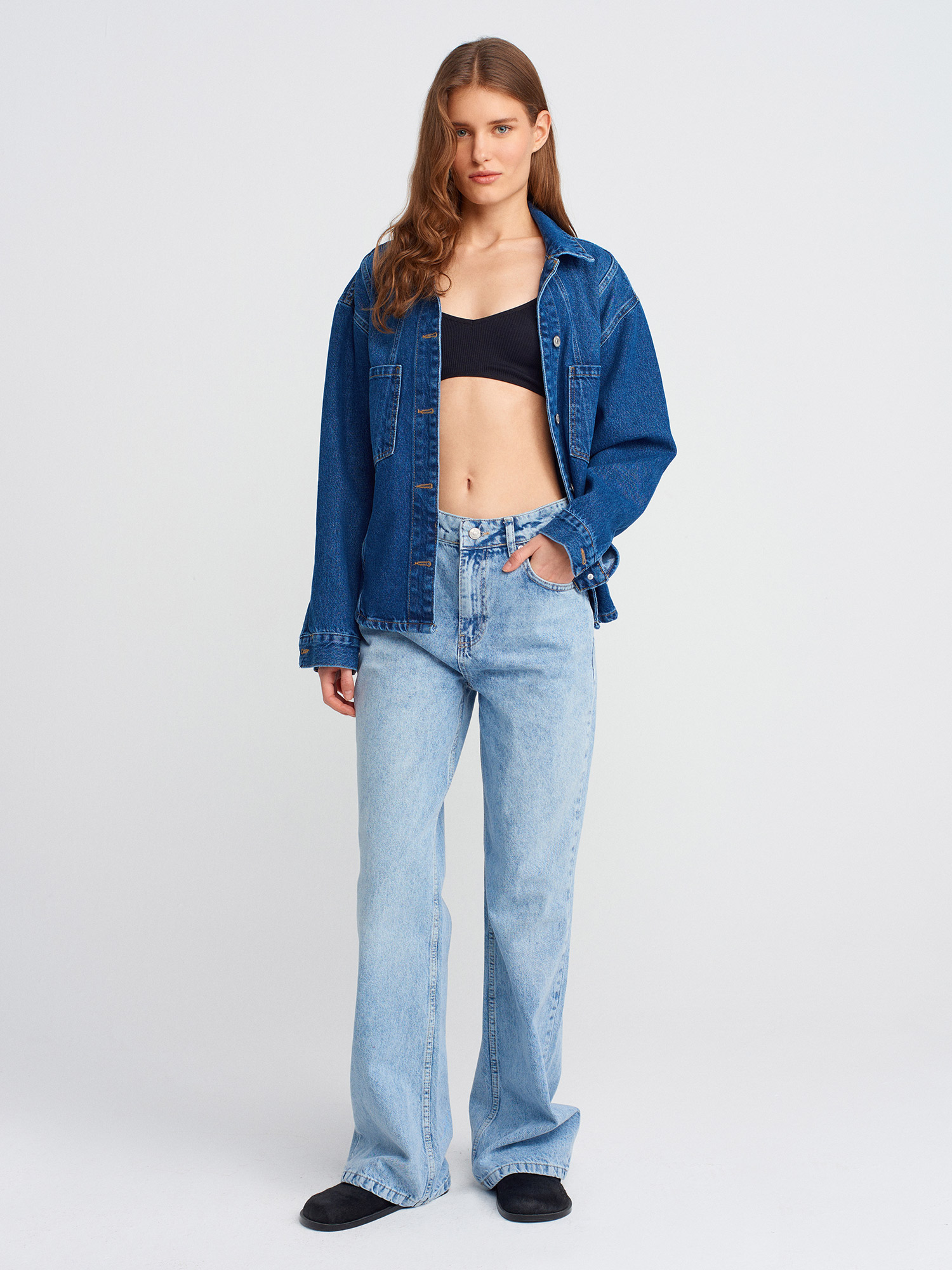 71792 %100 Pamuk Kar Yıkama Wide Leg Denim Pantolon
