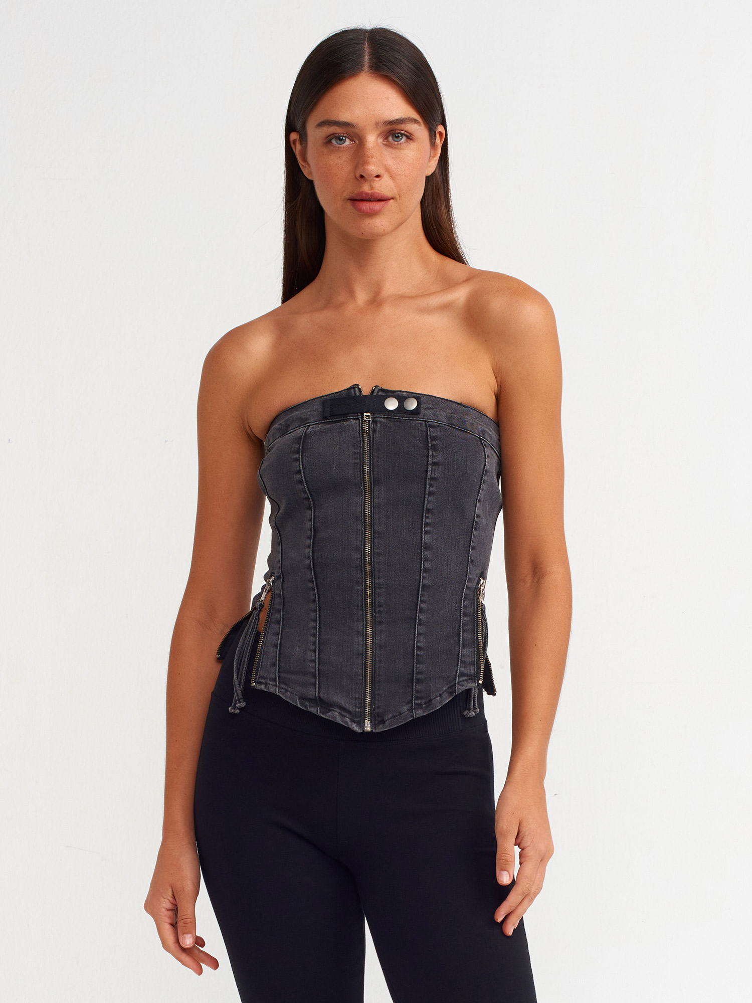 50732 Üç Fermuarlı Denim Büstiyer