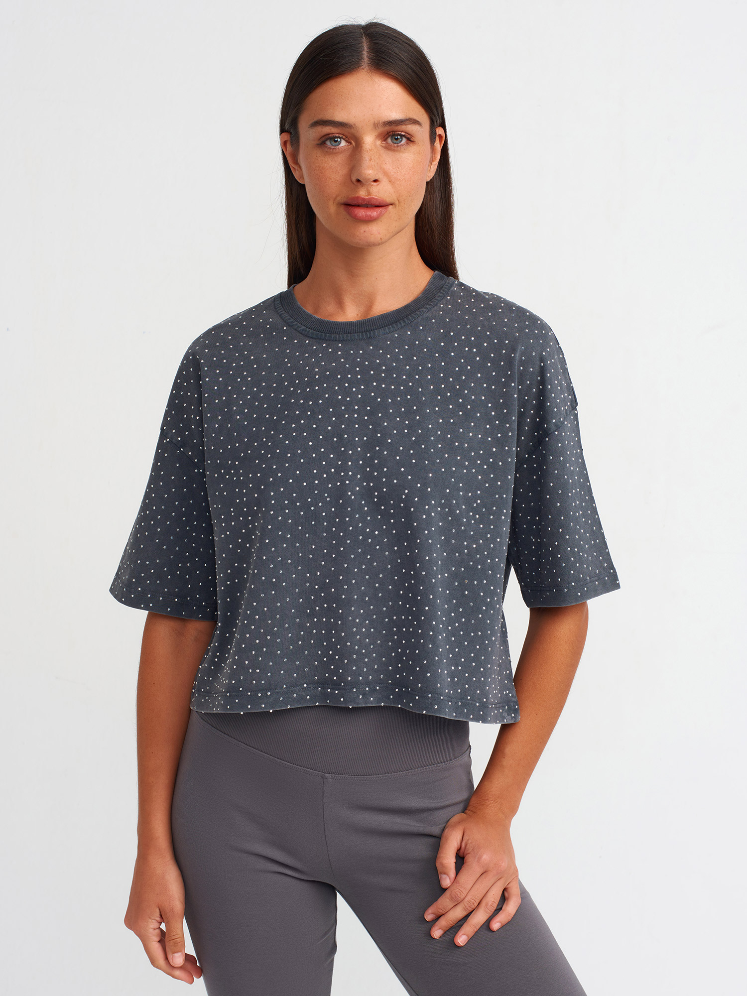 30710 %100 Pamuk Taş Baskılı Oversize T-shirt