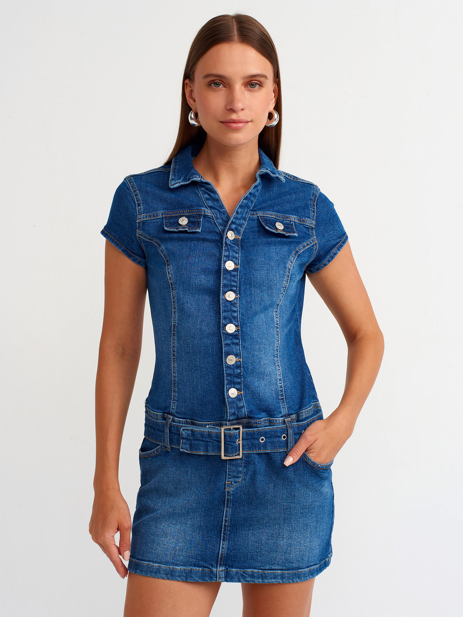90539 Düğmeli Denim Mini Elbise